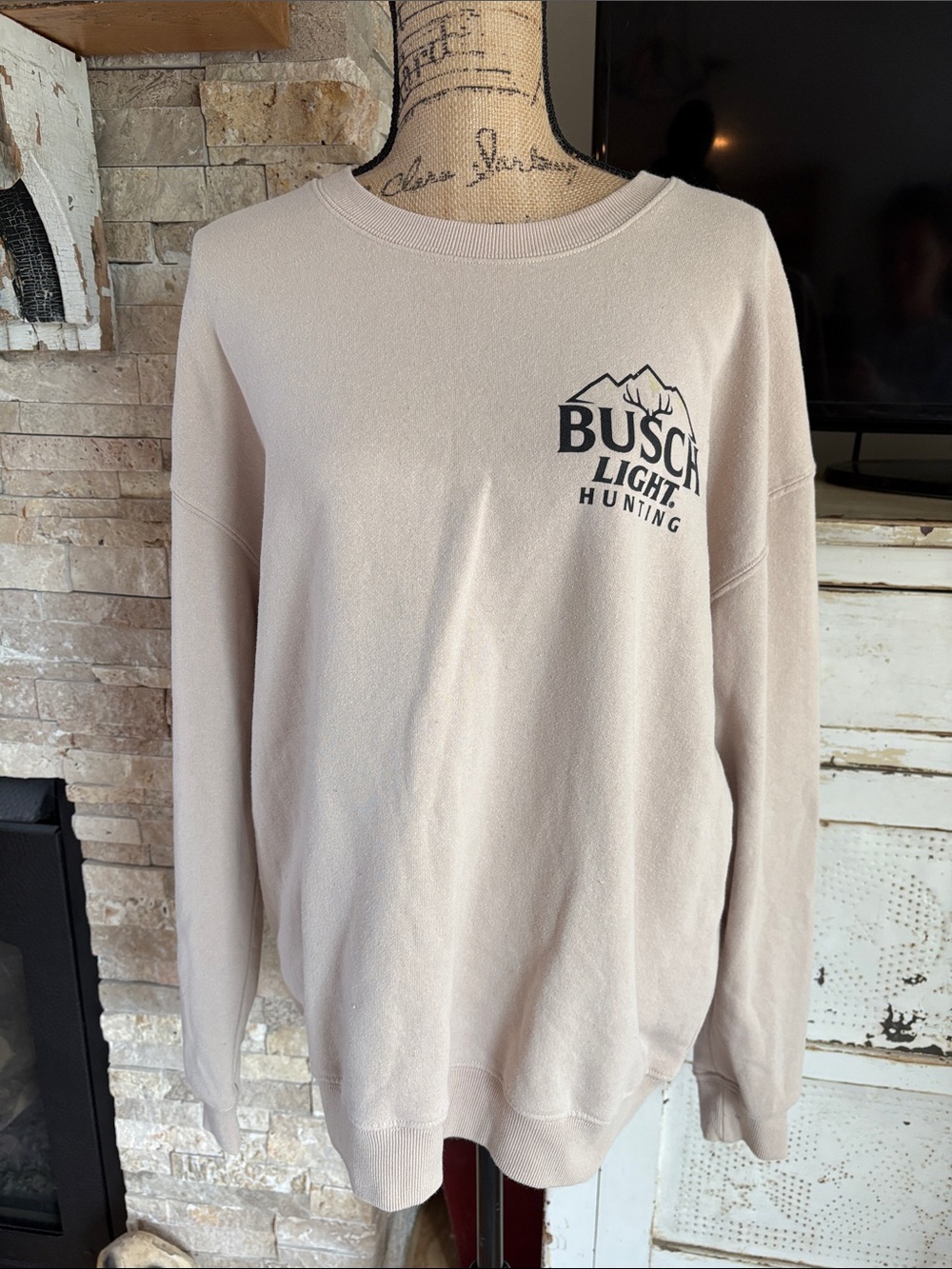 Busch Light Brewed for the Outdoors tan crew neck sweatshirt glow dark deer rack